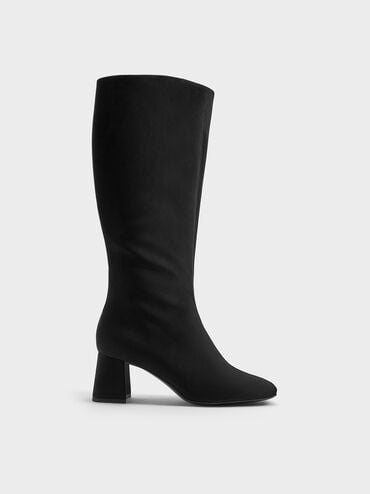 Faux Suede Square-Toe Knee-High Boots, Black Textured, hi-res