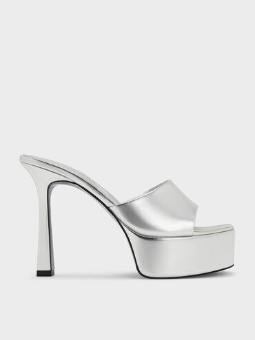 صندل مولز بلمسة معدنية وكعب عالٍ ونعل سميك, فضي, hi-res