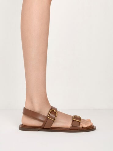 Double Buckle-Strap Slingback Sandals, Brown, hi-res
