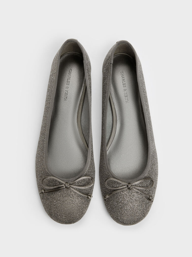 Glittered Mesh Bow Ballet Flats, Grey, hi-res