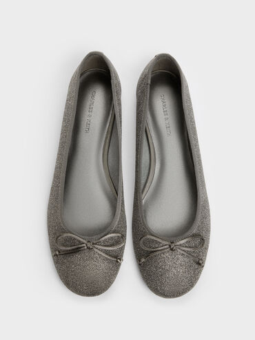 Glittered Mesh Bow Ballet Flats, Grey, hi-res