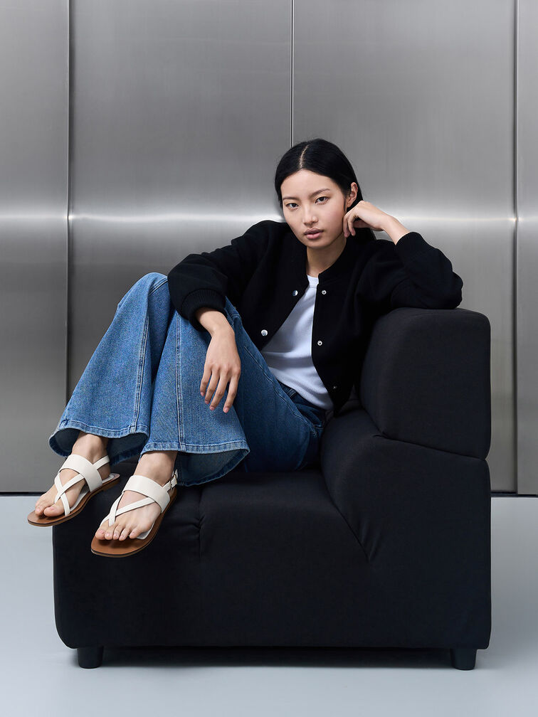 Toe-Ring Crossover-Strap Sandals, White, hi-res