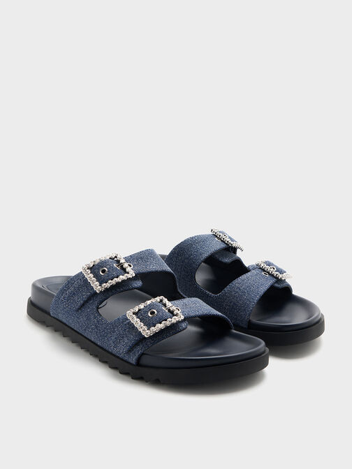 Denim Gem-Buckle Double-Strap Sandals, Denim Blue, hi-res