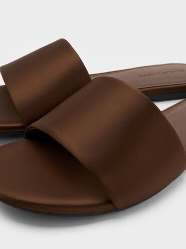 Satin Slide Sandals, Dark Brown, hi-res