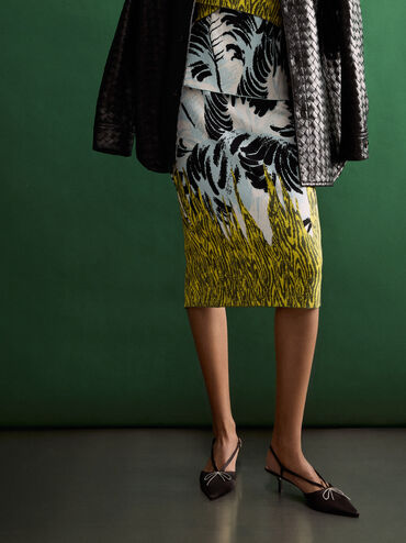 Recycled Polyester Crystal-Bow Kitten-Heel Slingback Pumps, Black Textured, hi-res