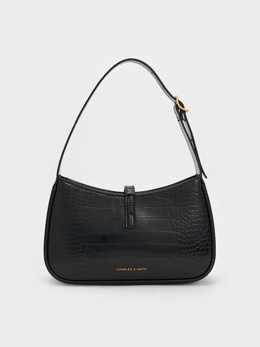 Cesia Croc-Effect Metallic-Accent Shoulder Bag, Black, hi-res