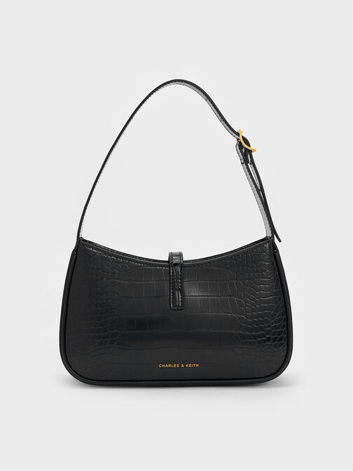 Cesia Croc-Effect Metallic-Accent Shoulder Bag, Black, hi-res