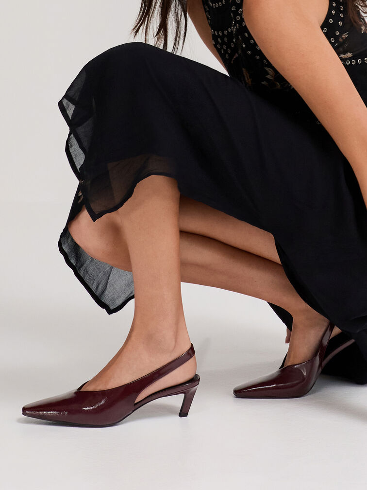 كعب جلد صناعي بحزام خلفي ومقدمة مربعة مدببة, برغندي, hi-res