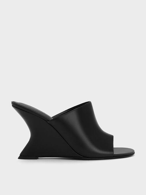 Wide-Strap Sculptural-Heel Wedges, Black, hi-res