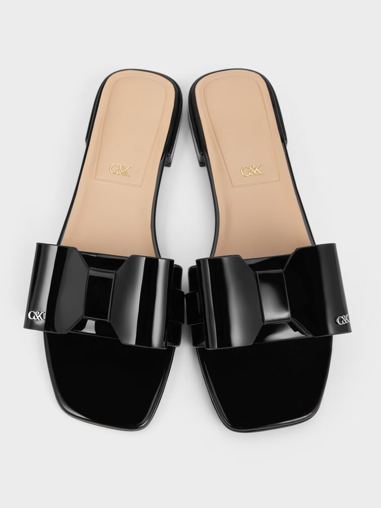 Lu Patent Leather Bow Slide Sandals, Black Patent, hi-res