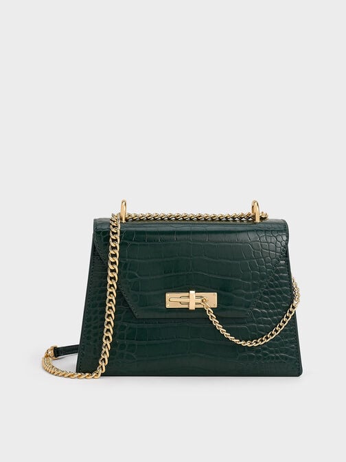 Samantha Croc-Effect Envelope Chain-Handle Bag, Dark Green, hi-res