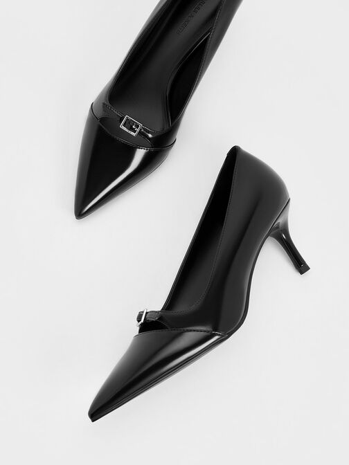 Buckle-Strap Pointed-Toe Pumps, Black Boxed, hi-res