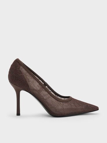 Lace & Satin Stiletto Pumps, Dark Brown Textured, hi-res