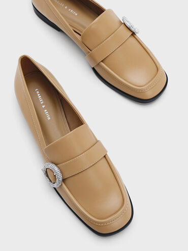 Crystal-Embellished Buckle Loafers, Camel, hi-res