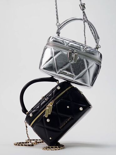 Arwen Quilted Pearl Vanity Bag, Black, hi-res