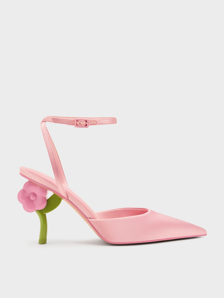 Pointed Flower-Heel Ankle-Strap Pumps, Pink, hi-res