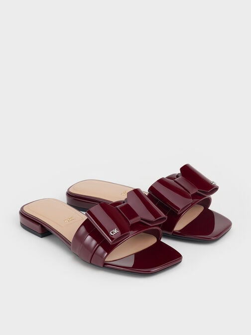 Lu Patent Leather Bow Slide Sandals, Burgundy, hi-res