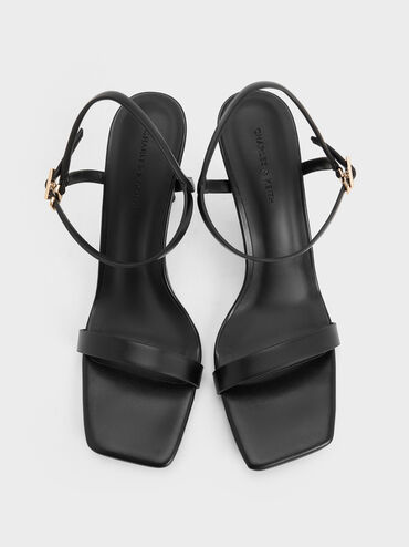 صندل بكعب عالٍ ومقدمة مربعة وحزام للكاحل, أسود, hi-res