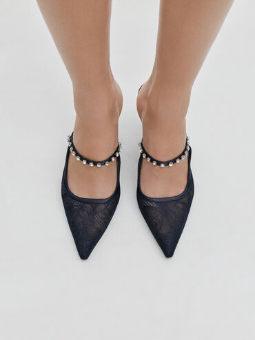 حذاء بكعب مرتفع مفتوح من الخلف (مولز) من الدانتيل والساتان  مطعم بالكريستال, أزرق داكن, hi-res