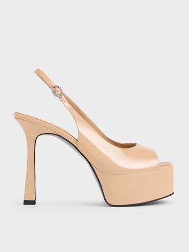 Patent Peep-Toe Stiletto-Heel Platform Sandals, Nude, hi-res