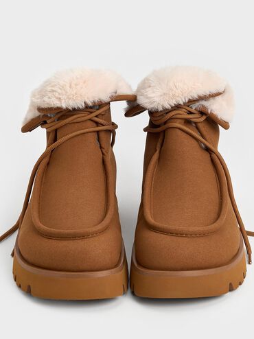 Textured Fur-Lined Ridged-Sole Ankle Boots, Brown, hi-res