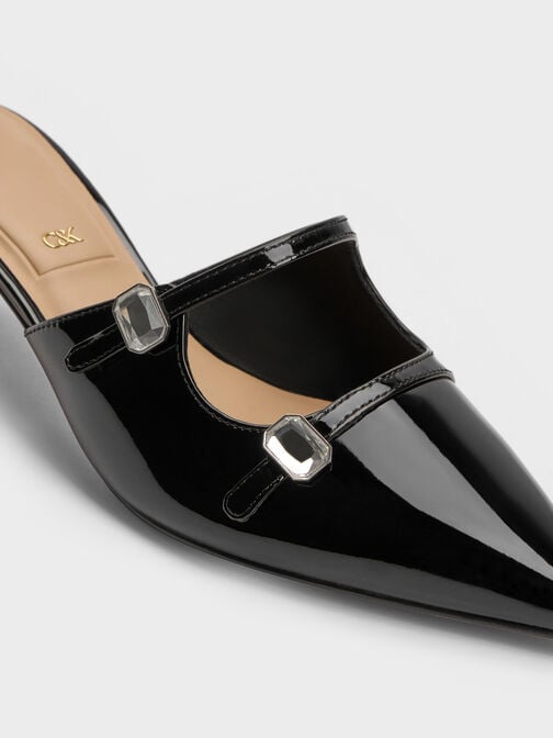 Patent Leather Gem-Buckle Pointed-Toe Heeled Mules, Black Patent, hi-res