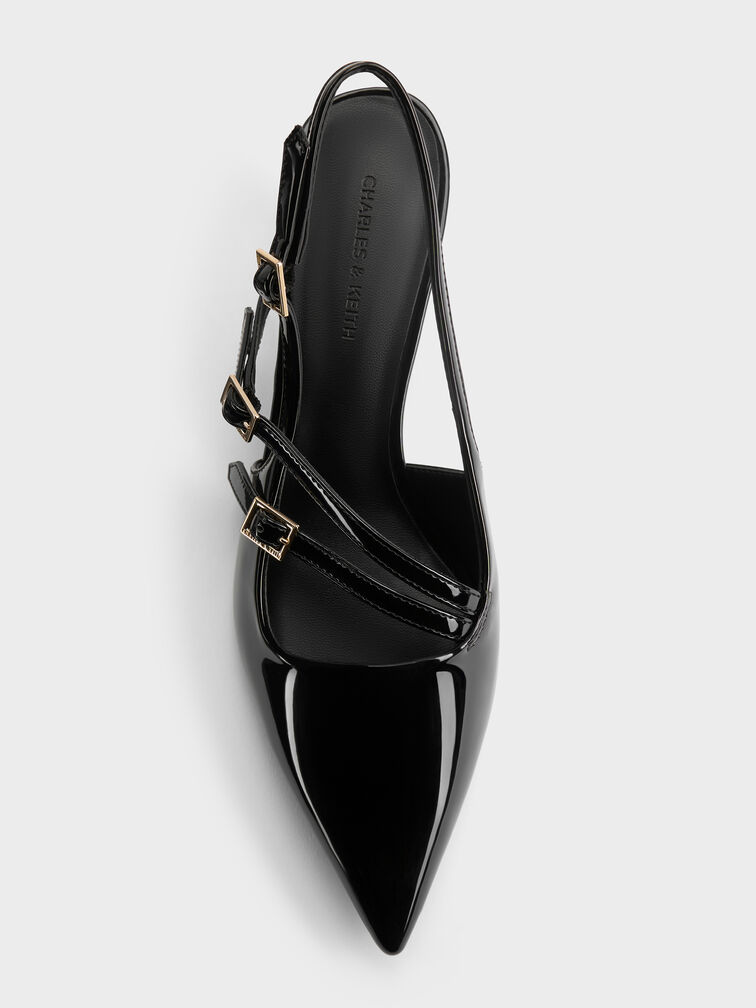 حذاء لامع بكعب صغير وحزام خلفي وشريط بمشبك, أسود براق, hi-res