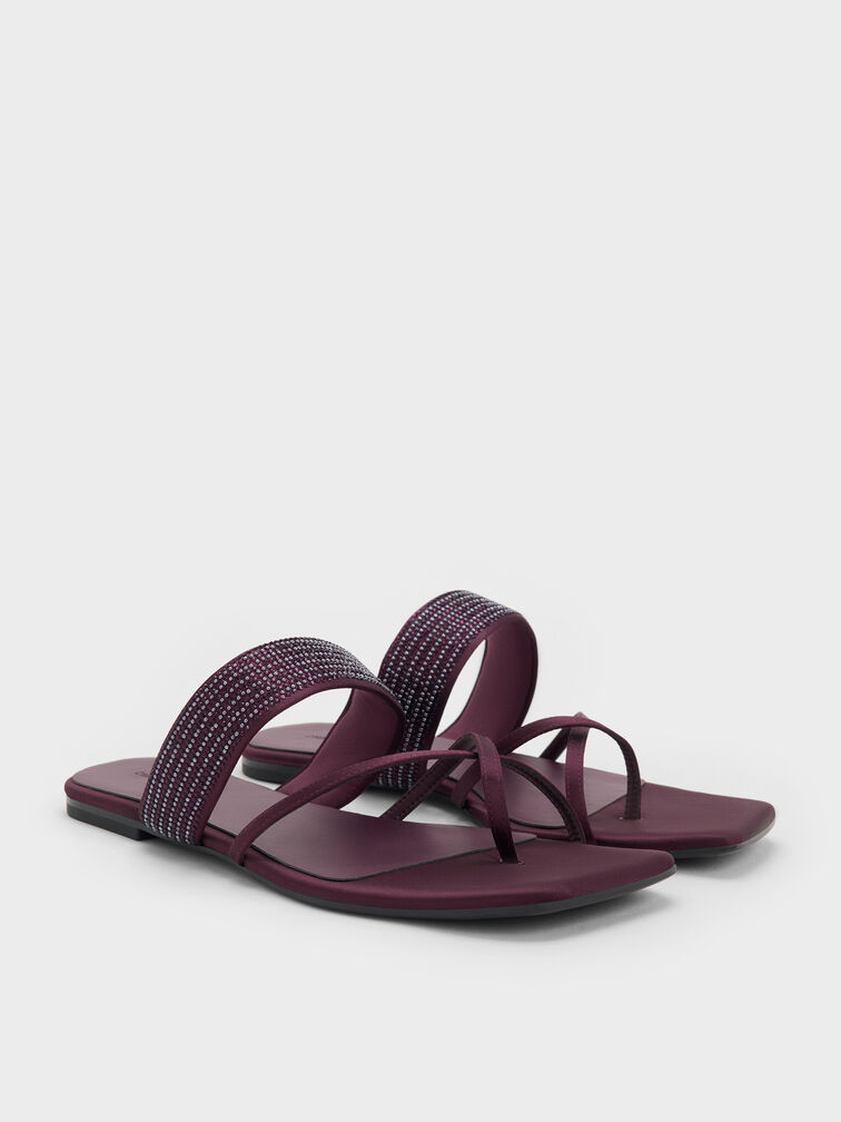 Satin Crystal-Embellished Crossover Toe-Ring Sandals, Burgundy, hi-res