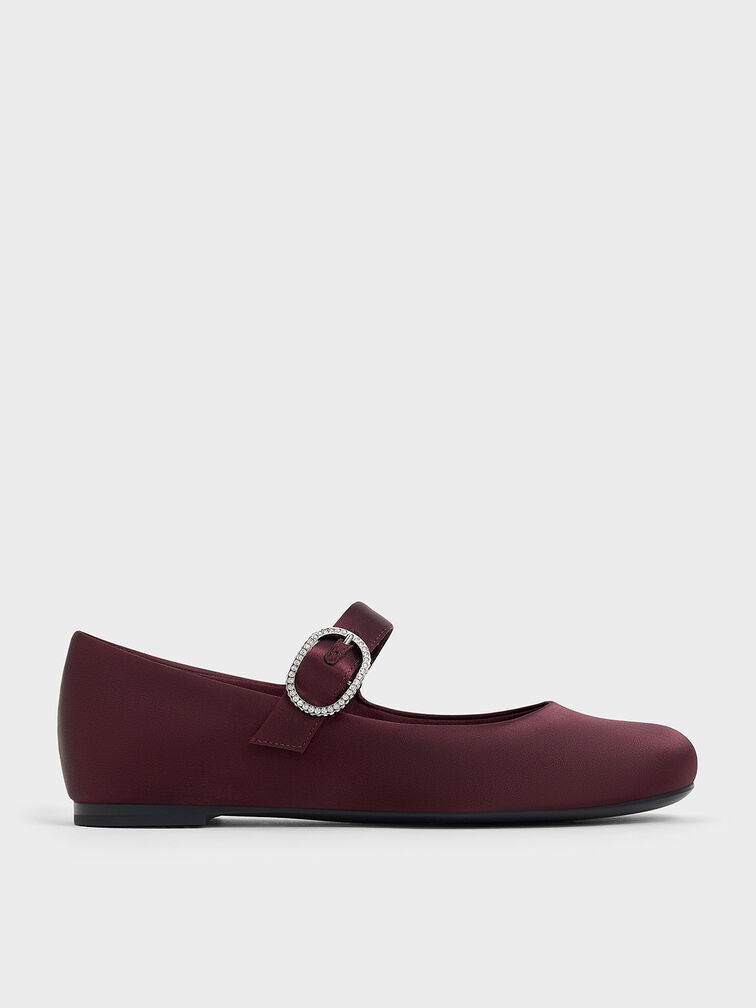 Jannie Satin Crystal-Buckle Mary Janes, Burgundy, hi-res