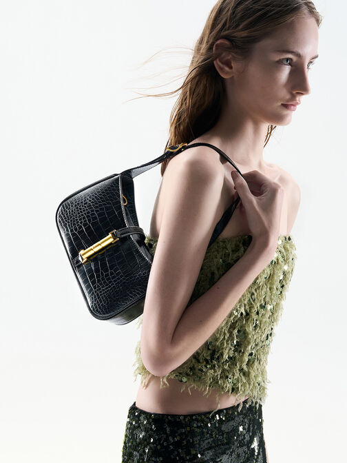 Cesia Croc-Effect Metallic-Accent Shoulder Bag, Black, hi-res