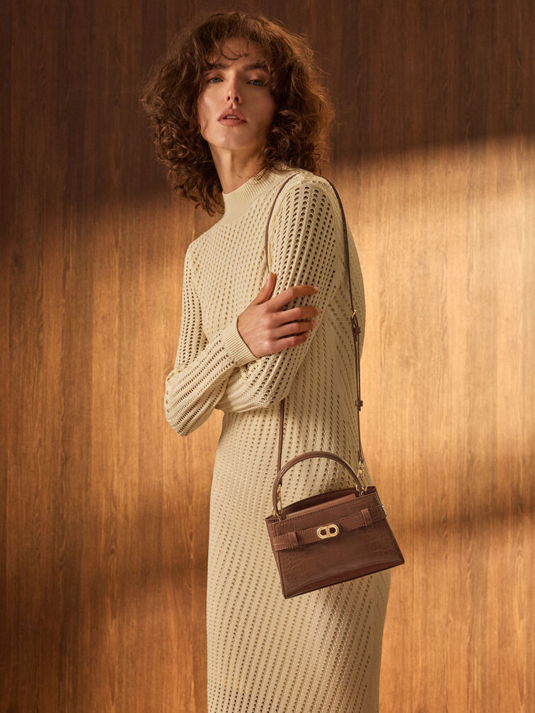 Aubrielle Croc-Effect Top Handle Bag, Chocolate Croco, hi-res