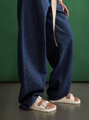 Gem-Buckle Double-Strap Sandals, Chalk, hi-res