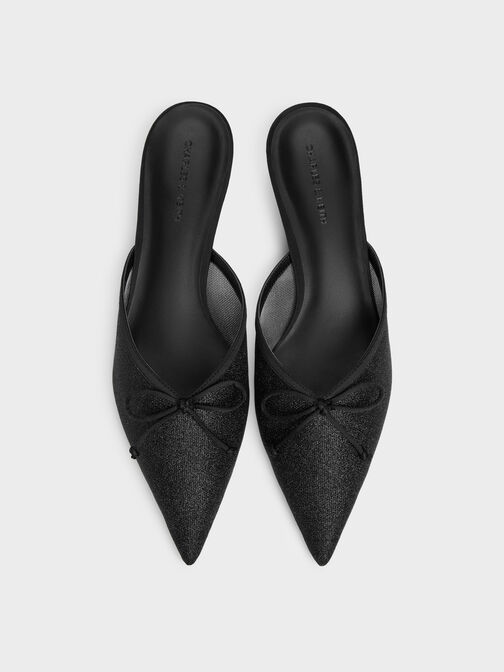 Glittered Mesh Bow Kitten Heels, Black Textured, hi-res
