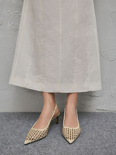 حذاء مرصع بمقدمة مدببة وكعب كيتن وتصميم سلينجباك مكشوف الظهر مزين بفتحات, كريم, hi-res