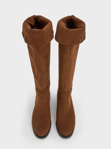 Faux Suede Fold-Over Thigh-High Boots, Brown, hi-res