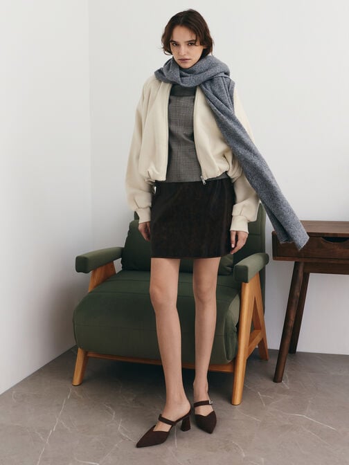 Lando Faux Suede Pointed-Toe Metallic-Buckle Heeled Mules, Dark Brown Textured, hi-res