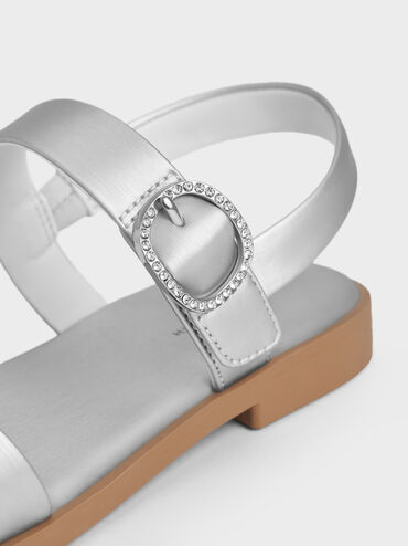 صنادل للبنات بحزام مزدوج سلينجباك مفتوح من الخلف وإبزيم كريستالي ولمعة اللؤلؤ, فضي, hi-res
