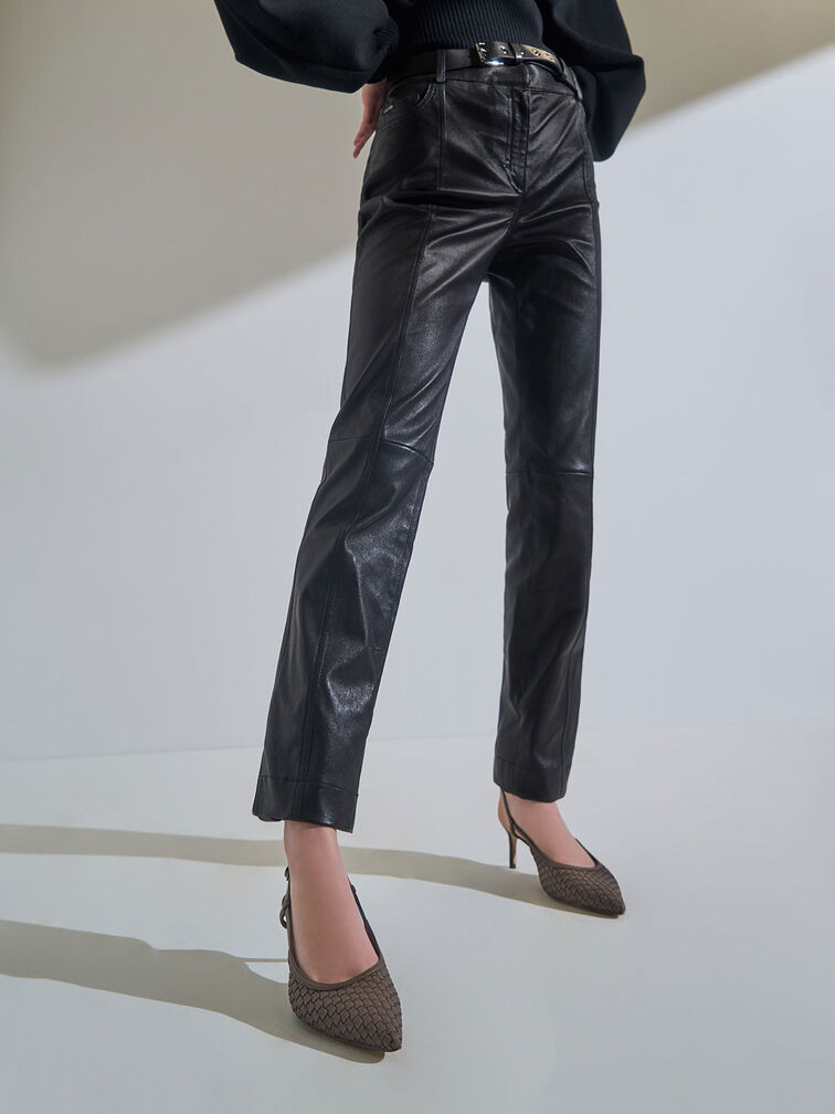 Woven Slingback Pumps, Brown, hi-res