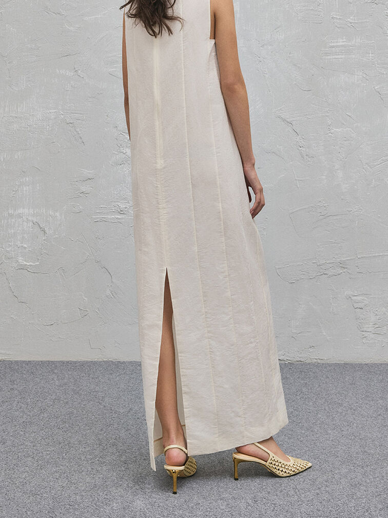 حذاء مرصع بمقدمة مدببة وكعب كيتن وتصميم سلينجباك مكشوف الظهر مزين بفتحات, كريم, hi-res