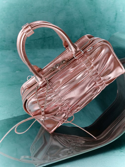 حقيبة بولينغ ميتاليك بتعليقة فيونكة, زهري مضيء, hi-res