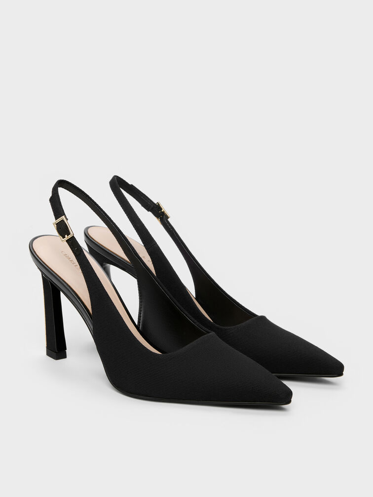 Kerra Twill Pointed Slingback Pumps, Black Textured, hi-res