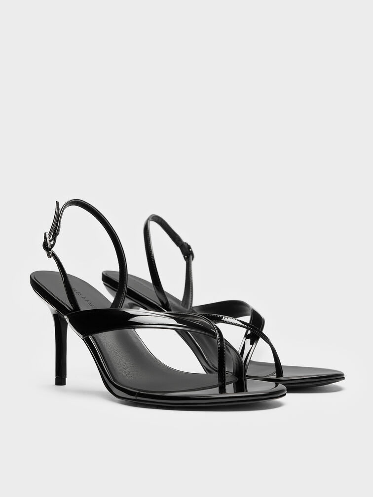 صندل ثونغ لامع مكشوف طراز (ثونغ) وكعب ستيليتو وحزام خلفي, أسود براق, hi-res