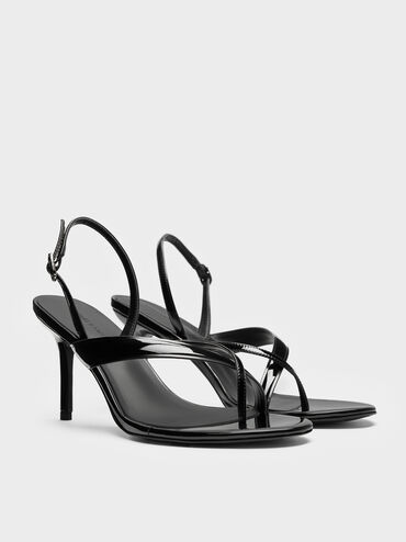 صندل ثونغ لامع مكشوف طراز (ثونغ) وكعب ستيليتو وحزام خلفي, أسود براق, hi-res