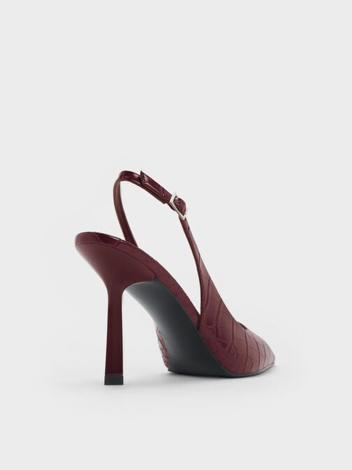 Croc-Effect Pointed-Toe Slingback Pumps, Animal Print Burgundy, hi-res