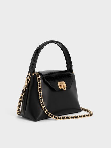 Arwen Croc-Effect Top Handle Bag, Black, hi-res
