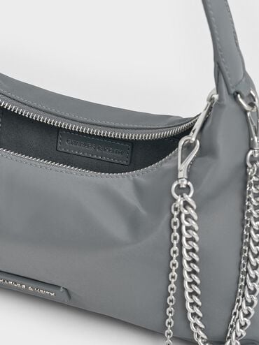 Nylon Chain-Link Trapeze Shoulder Bag, Grey, hi-res