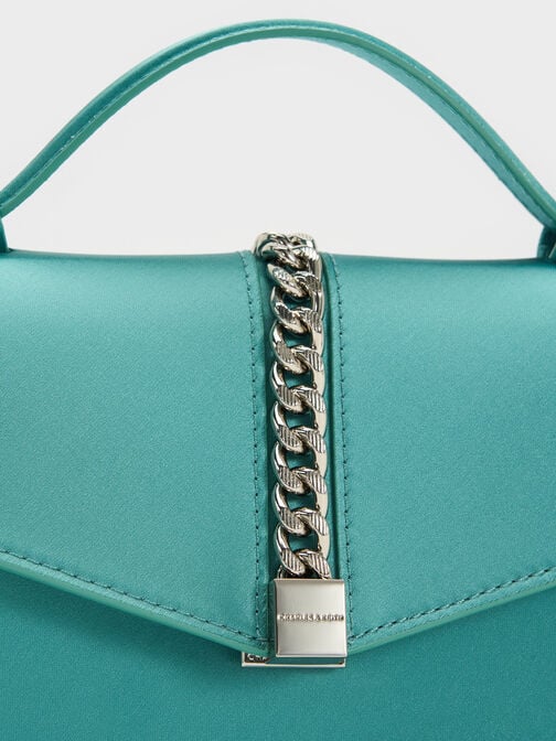 Taisia Satin Chain-Strap Envelope Bag, Teal, hi-res