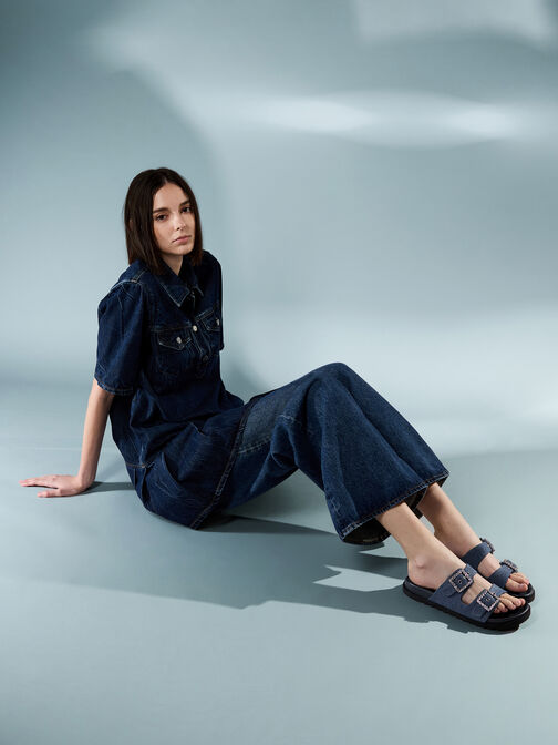 Denim Gem-Buckle Double-Strap Sandals, Denim Blue, hi-res