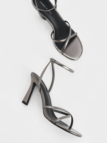 Metallic Crossover-Strap Heeled Sandals, Pewter, hi-res
