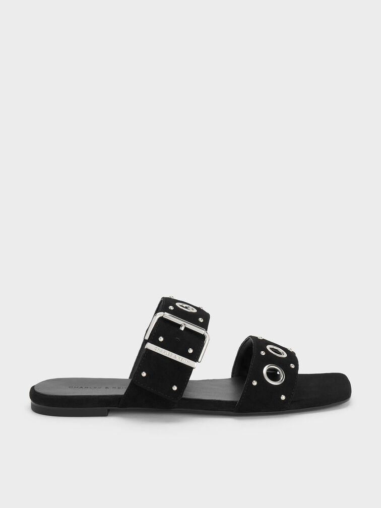 Faux Suede Grommet Buckled Slides, Black Textured, hi-res